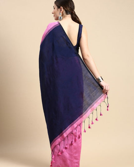 DESH BIDESH Ghicha Cotton Colourblocked Saree: Elegant Pink & Blue with Solid Border