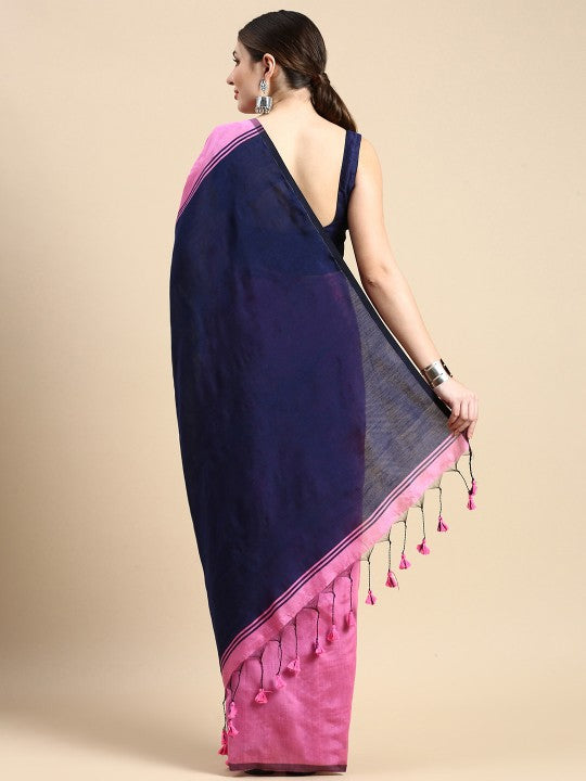 DESH BIDESH Ghicha Cotton Colourblocked Saree: Elegant Pink & Blue with Solid Border