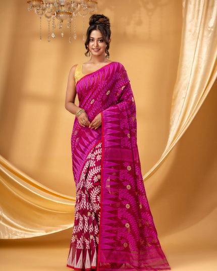 Exquisite DESH BIDESH Pure Cotton Jamdani Saree with Woven Floral Zari Design