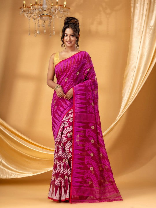 Exquisite DESH BIDESH Pure Cotton Jamdani Saree with Woven Floral Zari Design