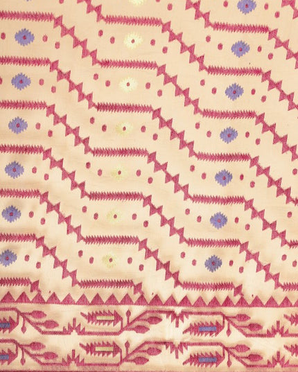 DESH BIDESH Cream Coloured & Magenta Woven Design Pure Cotton Jamdani Saree