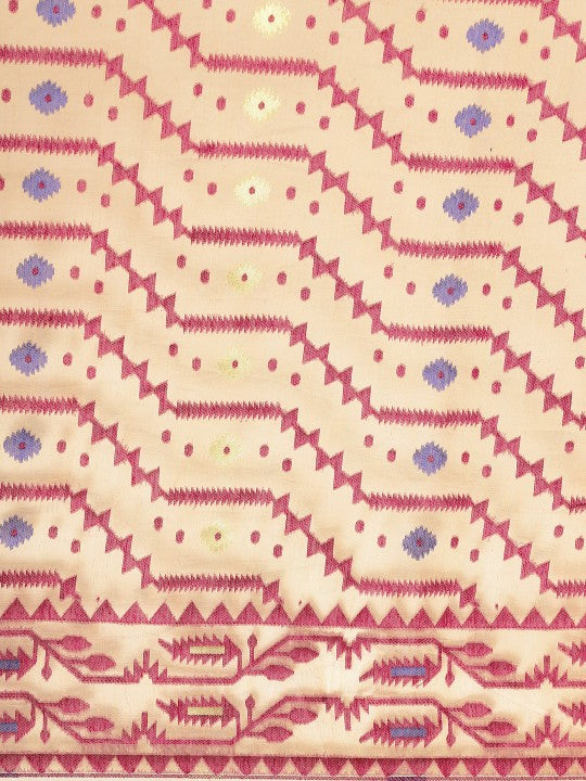 DESH BIDESH Cream Coloured & Magenta Woven Design Pure Cotton Jamdani Saree