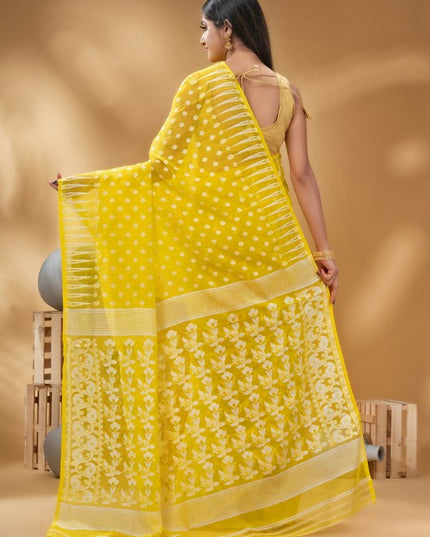 Exquisite Yellow & White Woven Pure Cotton Handloom Jamdani Saree with Border