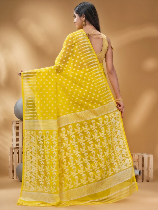 Exquisite Yellow & White Woven Pure Cotton Handloom Jamdani Saree with Border