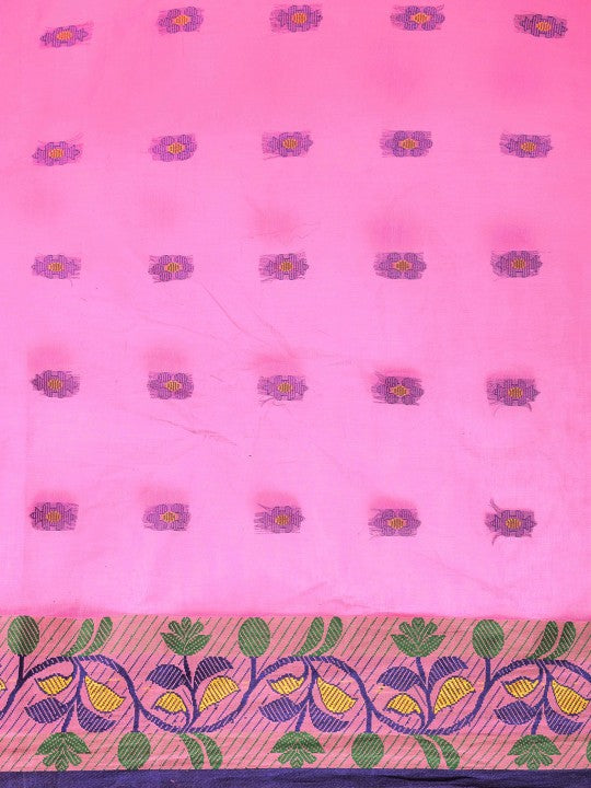 DESH BIDESH Pink & Blue Ethnic Motifs Pure Cotton Taant Saree