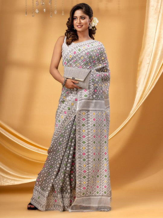 DESH BIDESH Ethnic Motifs Woven Design Pure Cotton Jamdani Saree