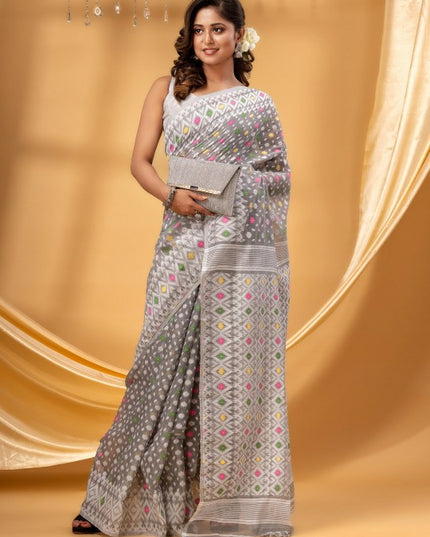 DESH BIDESH White Grey Pink Pure Cotton Jamdani Saree Ethnic Woven Design