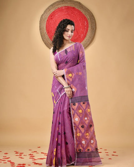 DESH BIDESH Purple Cotton Blend Jamdani Saree with Woven Floral Design