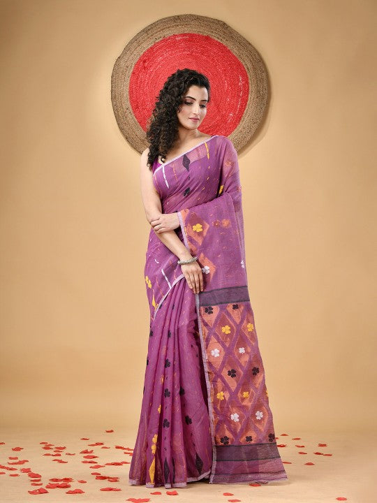 DESH BIDESH Purple Cotton Blend Jamdani Saree with Woven Floral Design
