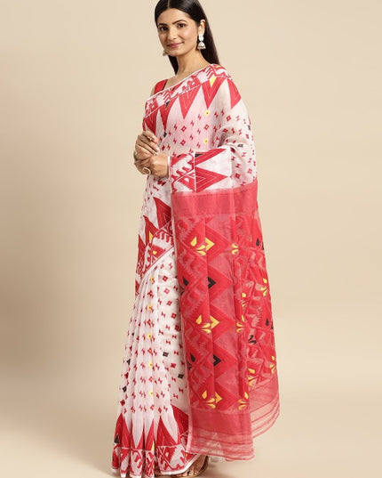 White & Red Pure Cotton Jamdani Saree