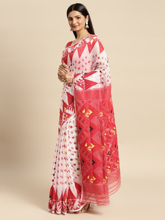 White & Red Pure Cotton Jamdani Saree