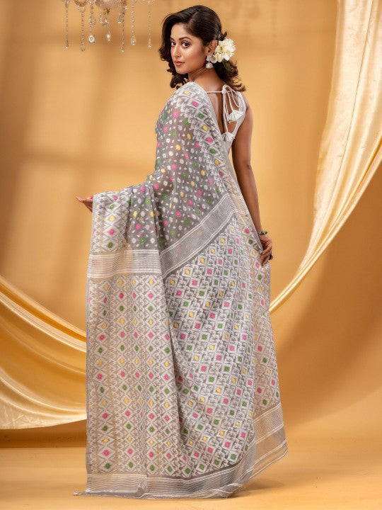 DESH BIDESH Ethnic Motifs Woven Design Pure Cotton Jamdani Saree