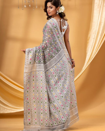 DESH BIDESH White Grey Pink Pure Cotton Jamdani Saree Ethnic Woven Design