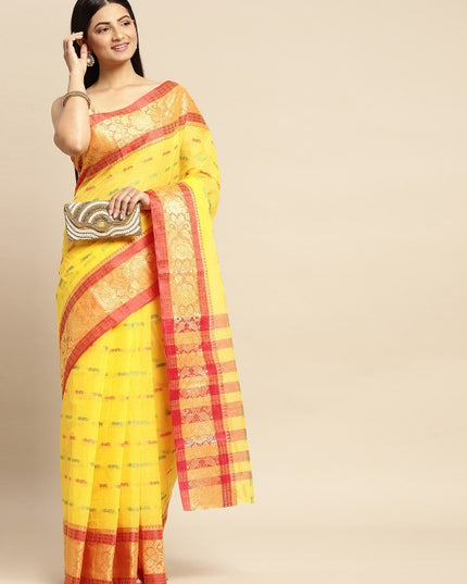 DESH BIDESH Yellow Ethnic Motifs Pure Cotton Taant Saree