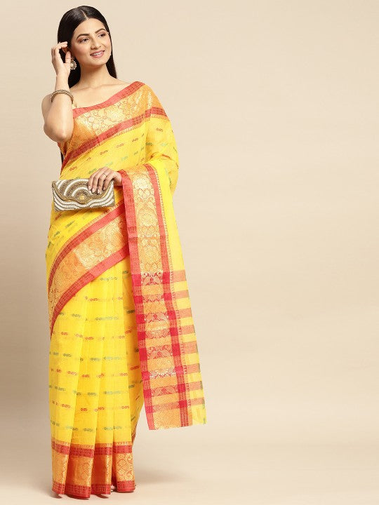 DESH BIDESH Yellow Ethnic Motifs Pure Cotton Taant Saree