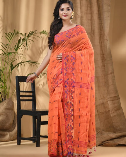 Orange & Blue Woven Design Silk Cotton Taant Saree with Ethnic Motifs