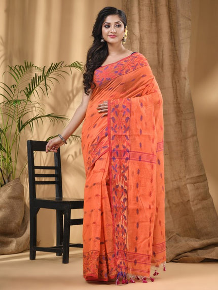 Orange & Blue Woven Design Silk Cotton Taant Saree with Ethnic Motifs