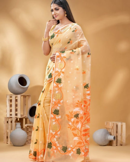DESH BIDESH Orange Green Pure Cotton Jamdani Saree with Woven Floral Design