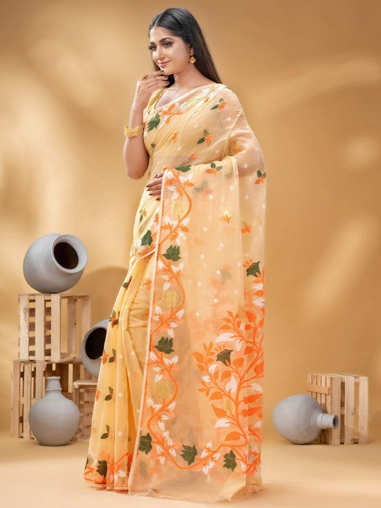 DESH BIDESH Orange Green Pure Cotton Jamdani Saree with Woven Floral Design