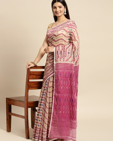 DESH BIDESH Cream Coloured & Magenta Woven Design Pure Cotton Jamdani Saree