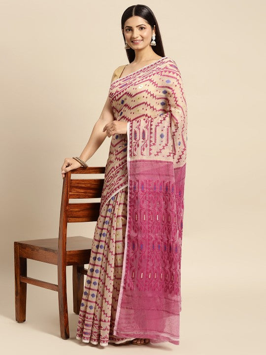 DESH BIDESH Cream Coloured & Magenta Woven Design Pure Cotton Jamdani Saree