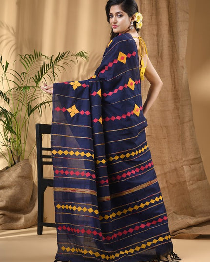 DESH BIDESH Geometric Applique Pure Cotton Taant Saree