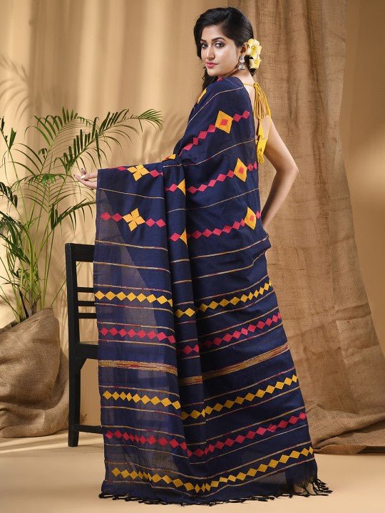 DESH BIDESH Geometric Applique Pure Cotton Taant Saree