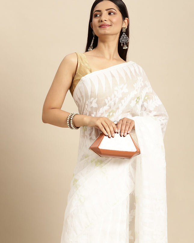 DESH BIDESH White Woven Design Pure Cotton Jamdani Saree