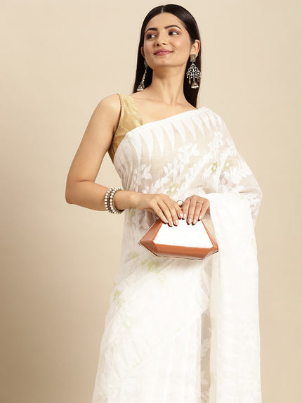 DESH BIDESH White Woven Design Pure Cotton Jamdani Saree