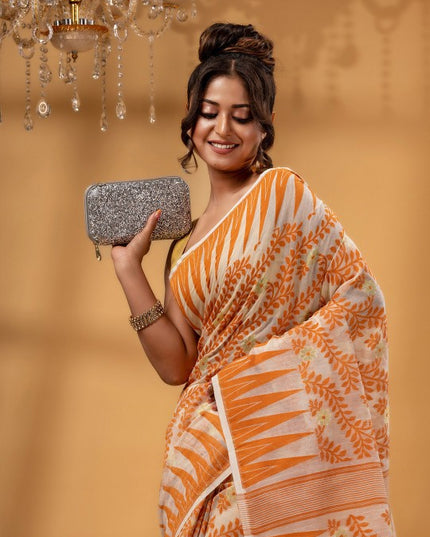 Exquisite Orange White Woven Pure Cotton Jamdani Saree Ethnic Indian Wear