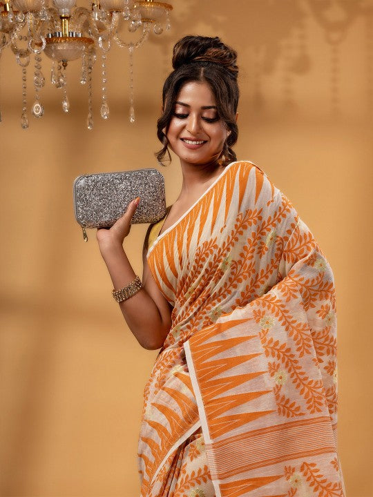 Exquisite Orange White Woven Pure Cotton Jamdani Saree Ethnic Indian Wear