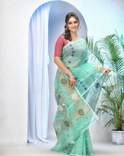 Exquisite Sea Green Pure Cotton Jamdani Saree with Elegant Woven Zari Design