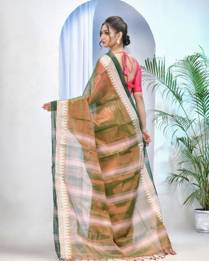 Exquisite Green and Pink Embroidered Tissue Saree with Blouse Piece