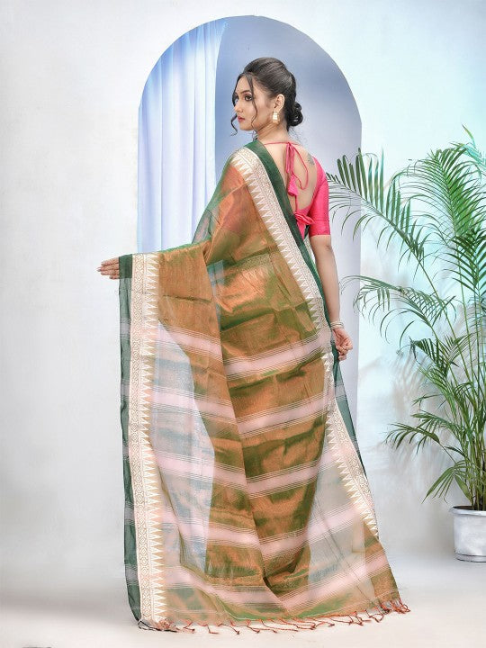 Exquisite Green and Pink Embroidered Tissue Saree with Blouse Piece
