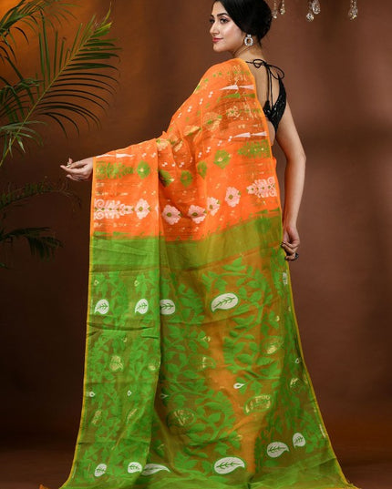 Exquisite Jamdani Cotton Blend Saree: Orange & Green Ethnic Motifs with Solid Border