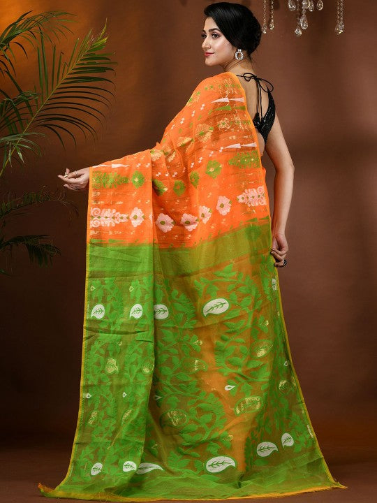 Exquisite Jamdani Cotton Blend Saree: Orange & Green Ethnic Motifs with Solid Border