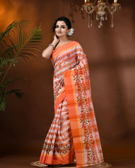 DESH BIDESH Women's Orange & White Pure Cotton Block Print Saree