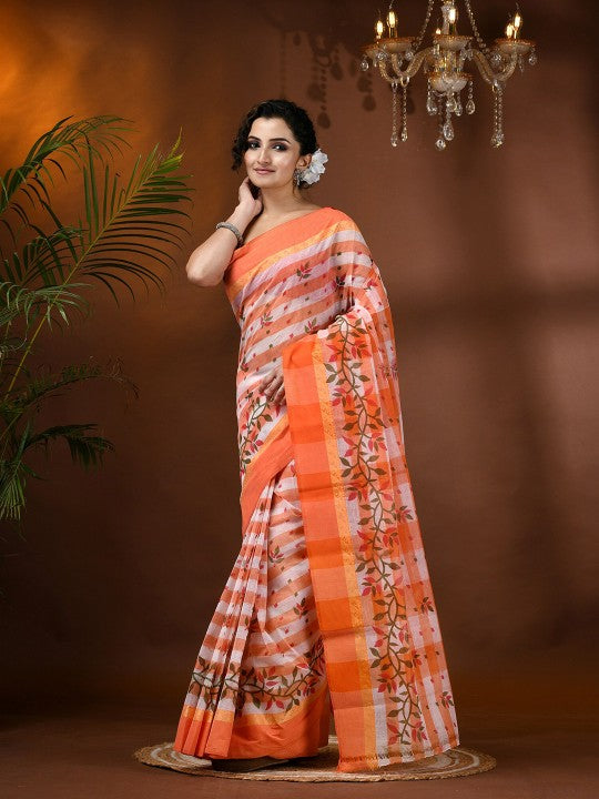 DESH BIDESH Women's Orange & White Pure Cotton Block Print Saree