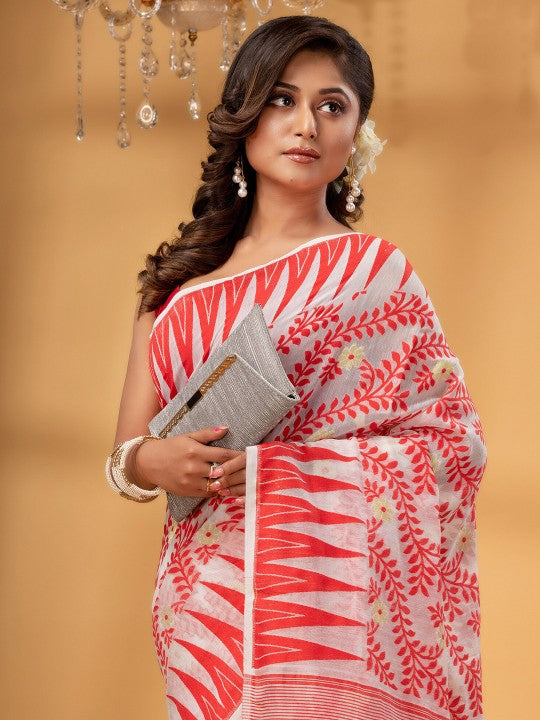 Red Cream Woven Pure Cotton Jamdani Saree with Floral Design Border