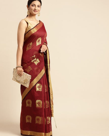 DESH BIDESH Maroon & Golden Ethnic Design Pure Cotton Taant Saree