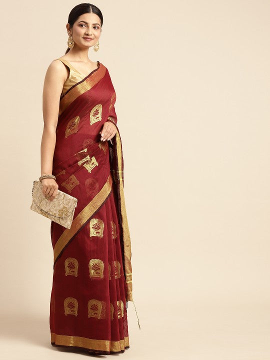 DESH BIDESH Maroon & Golden Ethnic Design Pure Cotton Taant Saree