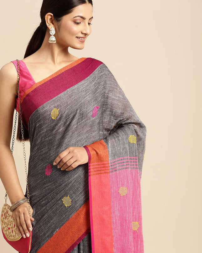 DESH BIDESH Charcoal Grey & Pink Geometric Design Pure Cotton Taant Saree
