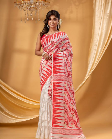 Red Cream Woven Pure Cotton Jamdani Saree with Floral Design Border