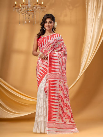 Red Cream Woven Pure Cotton Jamdani Saree with Floral Design Border