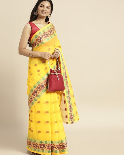 DESH BIDESH Yellow Ethnic Motifs Pure Cotton Taant Saree