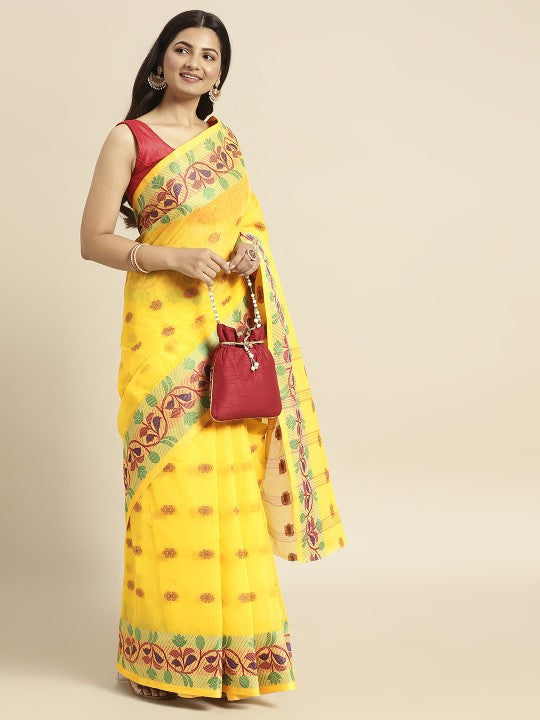 DESH BIDESH Yellow Ethnic Motifs Pure Cotton Taant Saree