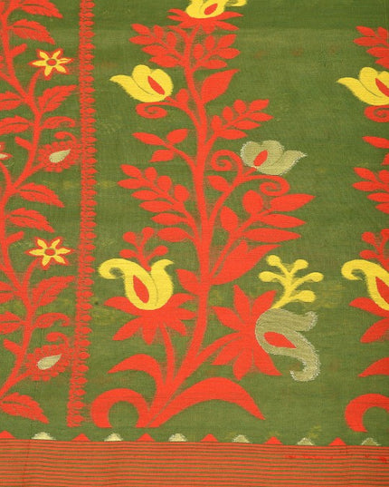 DESH BIDESH Traditional Woven Green Jamdani Saree with Orange Floral Border