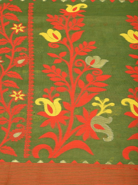 DESH BIDESH Traditional Woven Green Jamdani Saree with Orange Floral Border