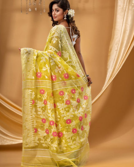 DESH BIDESH Floral Woven Design Pure Cotton Jamdani Saree