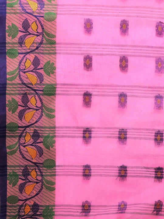 DESH BIDESH Pink & Blue Ethnic Motifs Pure Cotton Taant Saree